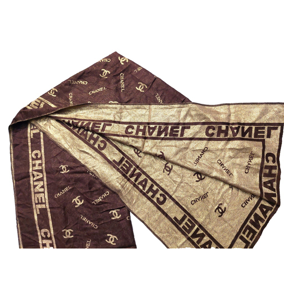 CHANEL Brown & Gold 100% Silk Reversible Shawl Wrap Scarf - Picture 5 of 16